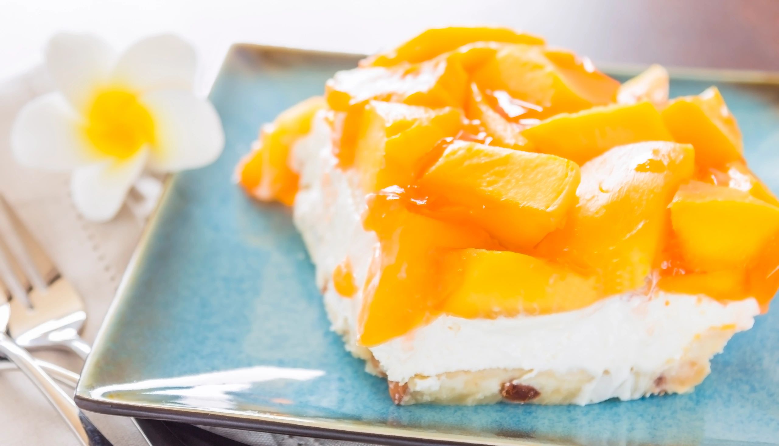 Cheesecake tropical con mango y acabado artesanal